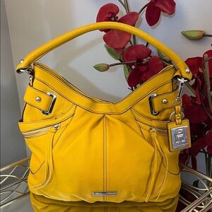 Etienne Aigner Mustard Yellow Pebbled Leather Hobo Bag with Tassel Details
